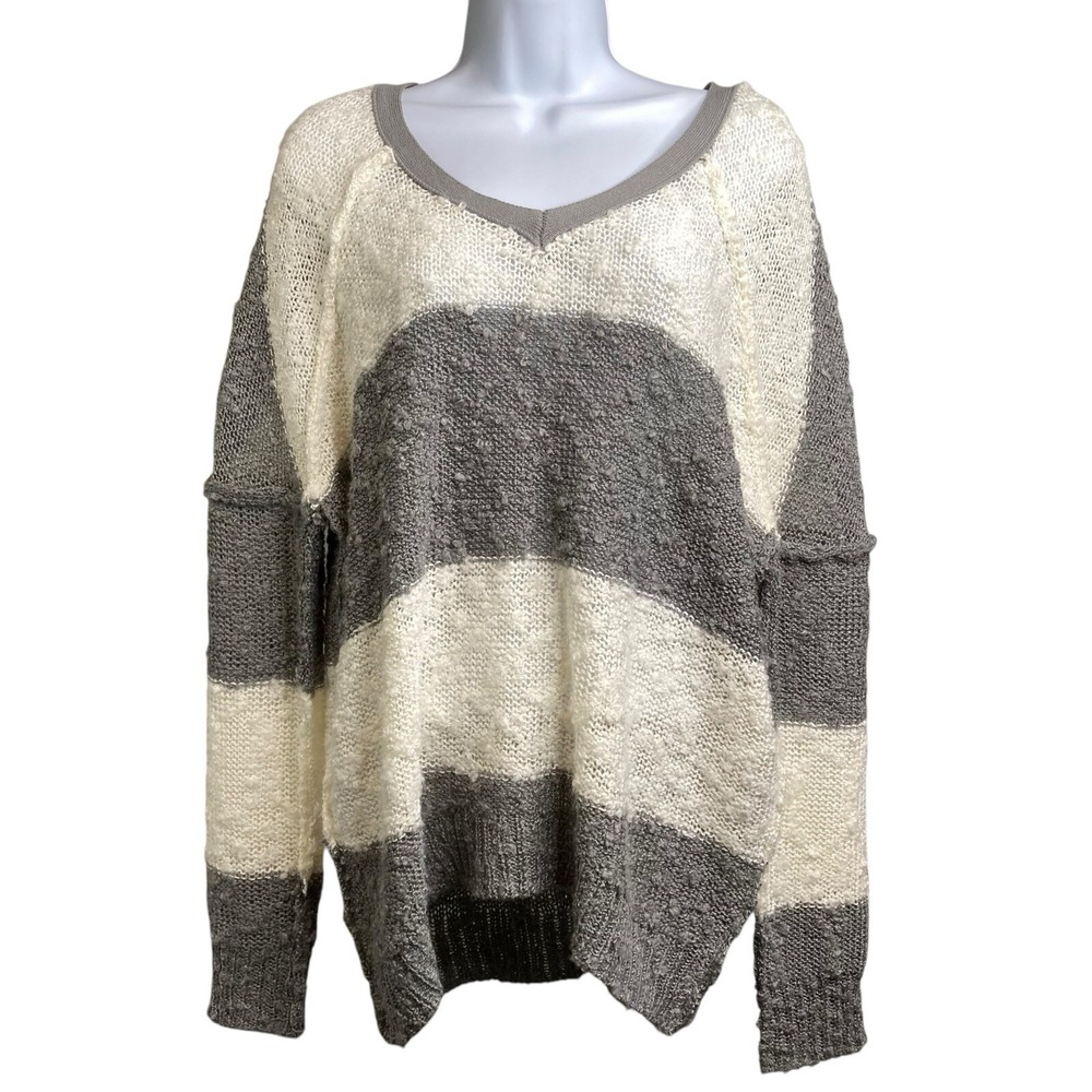 Elan‎ Cream Gray Striped Oversized Sweater L Slouchy Boyfriend Fit Boho Lagom
